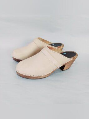 Lotta Swedish Comfort Platform Wooden Chunky Heel Clogs 41 EU Beige Leather